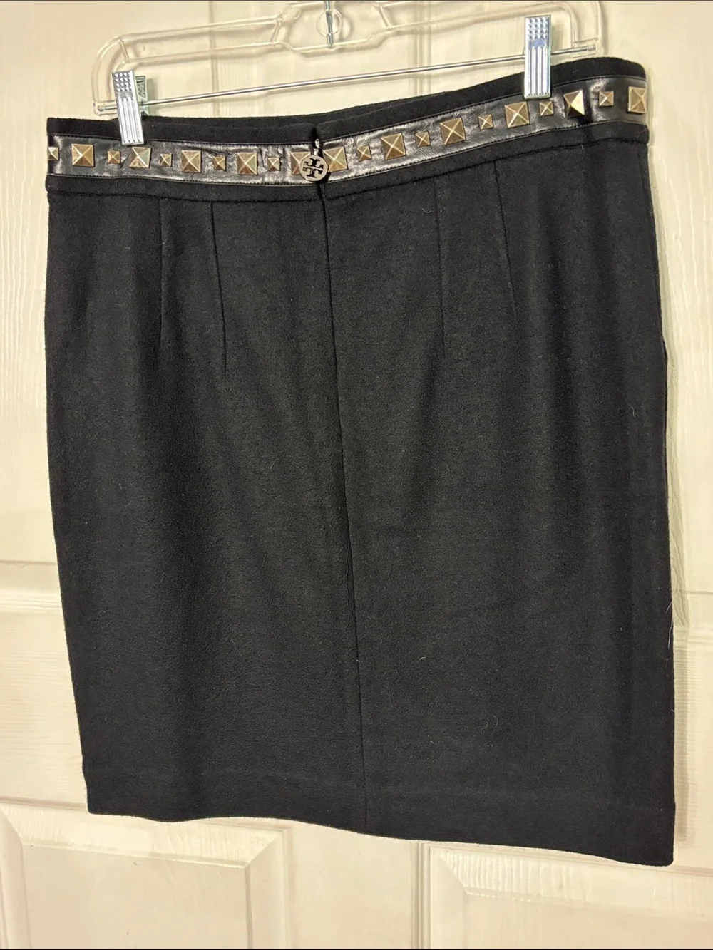 Tory Burch Black Wool Pencil Skirt Studded Waist Leather Trim Pockets Size Large